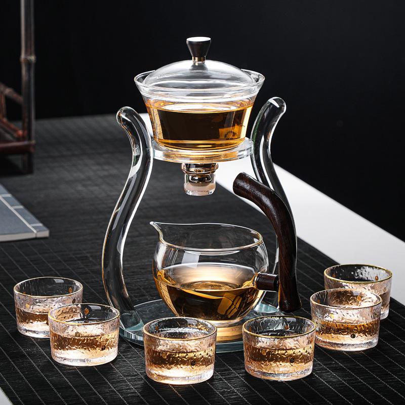 Lazy Kung Fu Glass Tea Set Semi Automatic Drip With Infuser Glass Teapot Set Magnetic Switch Teapot Teacup Set Glassware