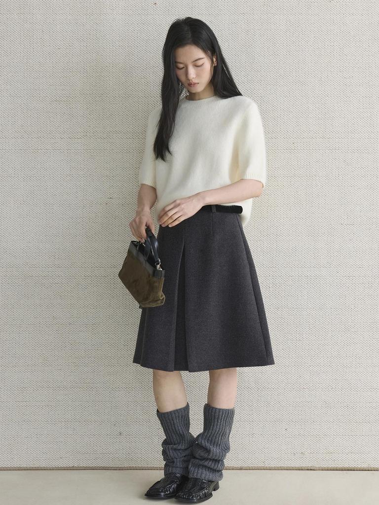 Xu Man Retro Korean Pleated Wool Midi Skirt for Women