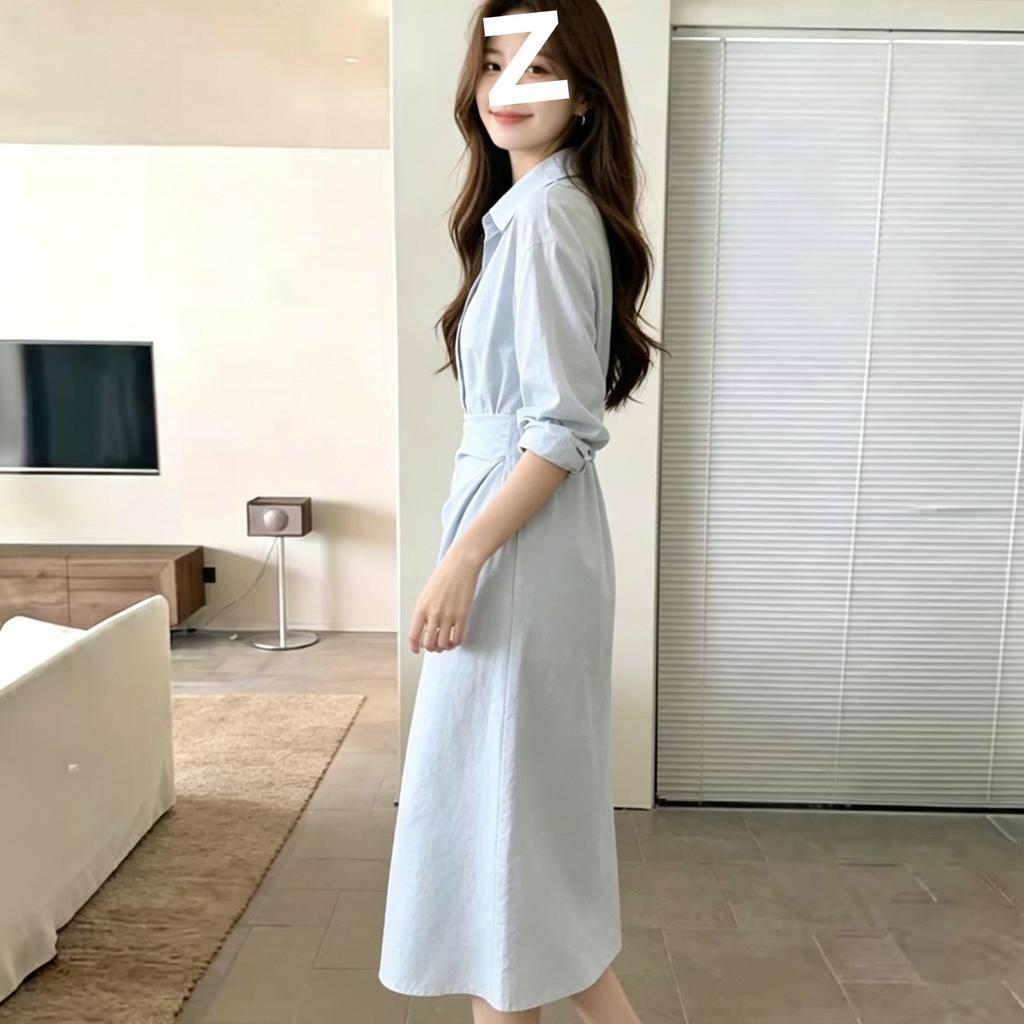 Light Blue Lapel Collar Long-sleeved Shirt Dress Women's Waist Twist Commuting Simple and Gentle Temperament Showing Thin Niche Design Sense