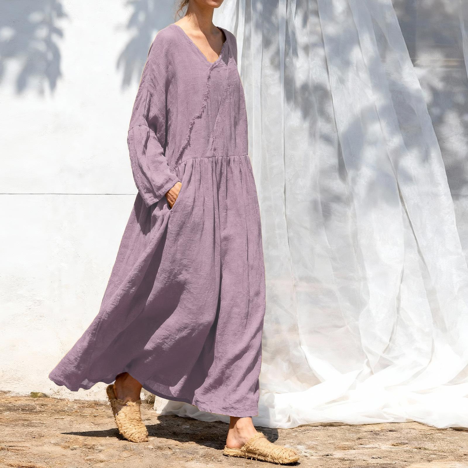 

Johnature Women Vintage Dress Spring Chinese Style Solid Color V-Neck Long Sleeve Robes Patchwork Dresses One Size