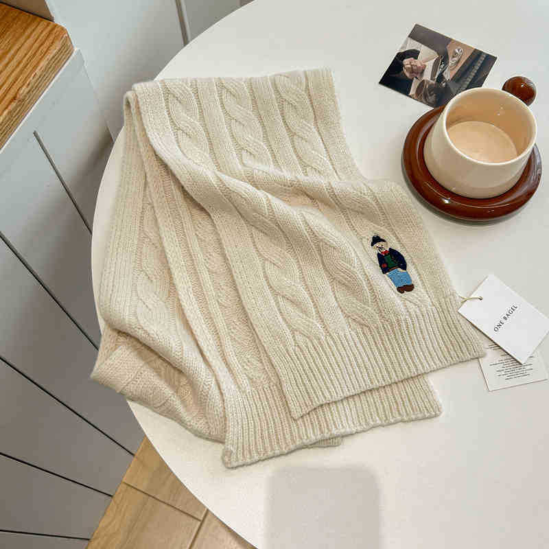 

100% мериносовая шерсть! Классический британский винтажный шарф Twist, зимний шарф с вышитым медведем для мужчин и женщин бежевый