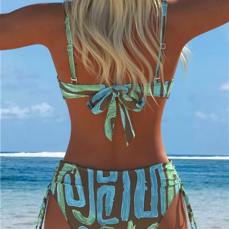 New Sexy European and American Bikini Print Lace-up Halter Swimsuit Women