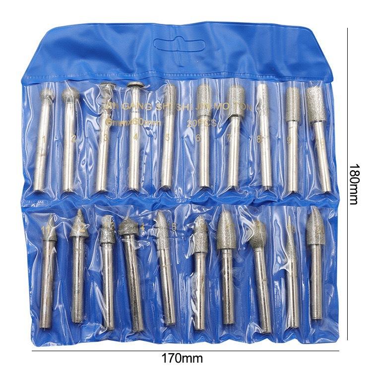 Set di 20 Punte da Smeriglio Diamantate, Gambo da 6mm Grana 120, Strumenti per Incisione su Giada Vetro