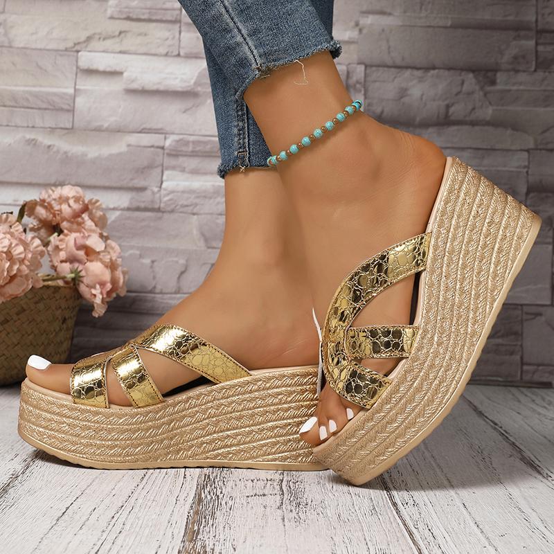 Fashion Women's Platform Wedge Sandals Summer Fashion Gold Silver Wedge Heel Sandals Woman Brand Design Thick Bottom Beach Slipper 35-43