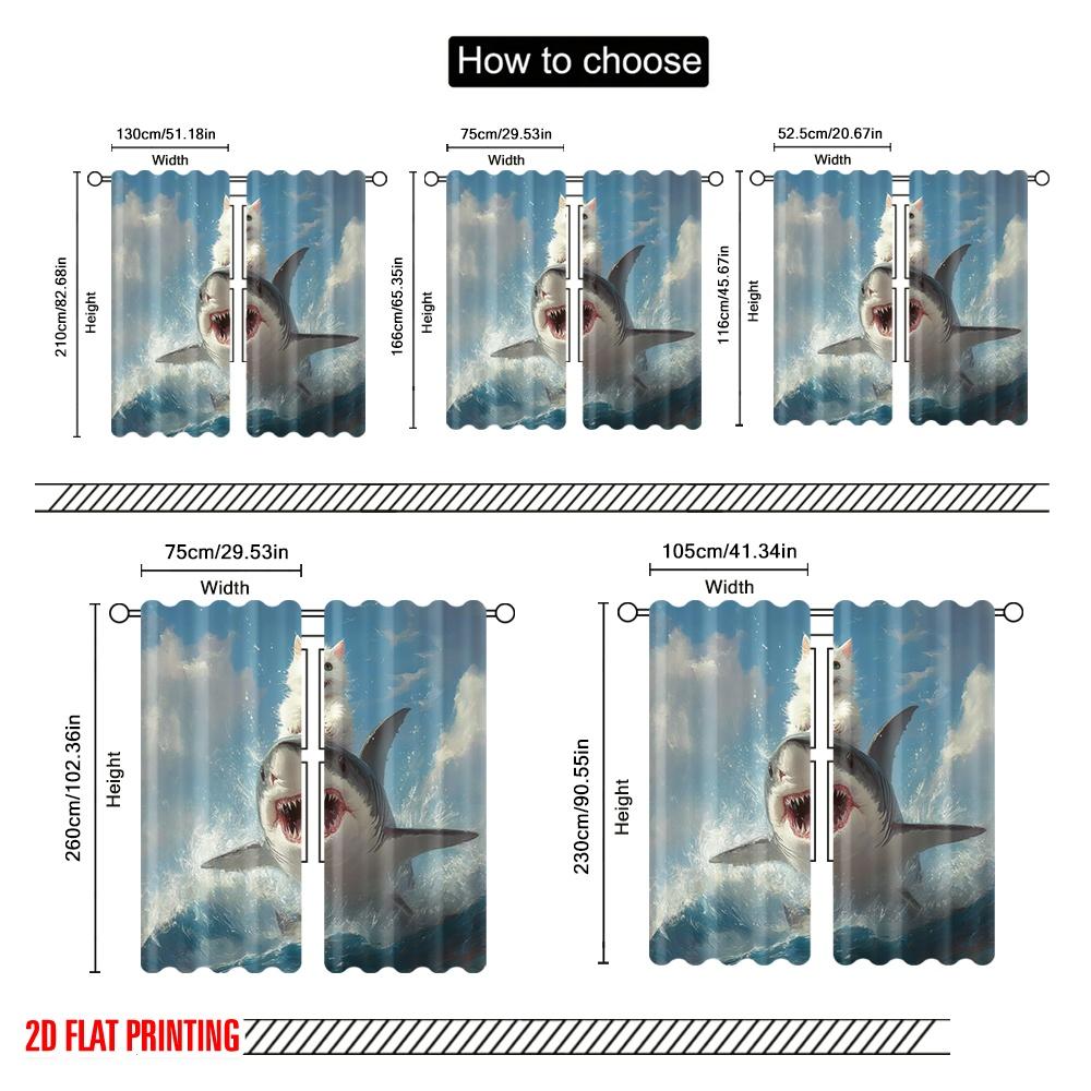 2pcs,2D plane printing Creative Curtains SharkRiderCat Durable Polyester (without rod) Decorations For Home for Various Rooms,