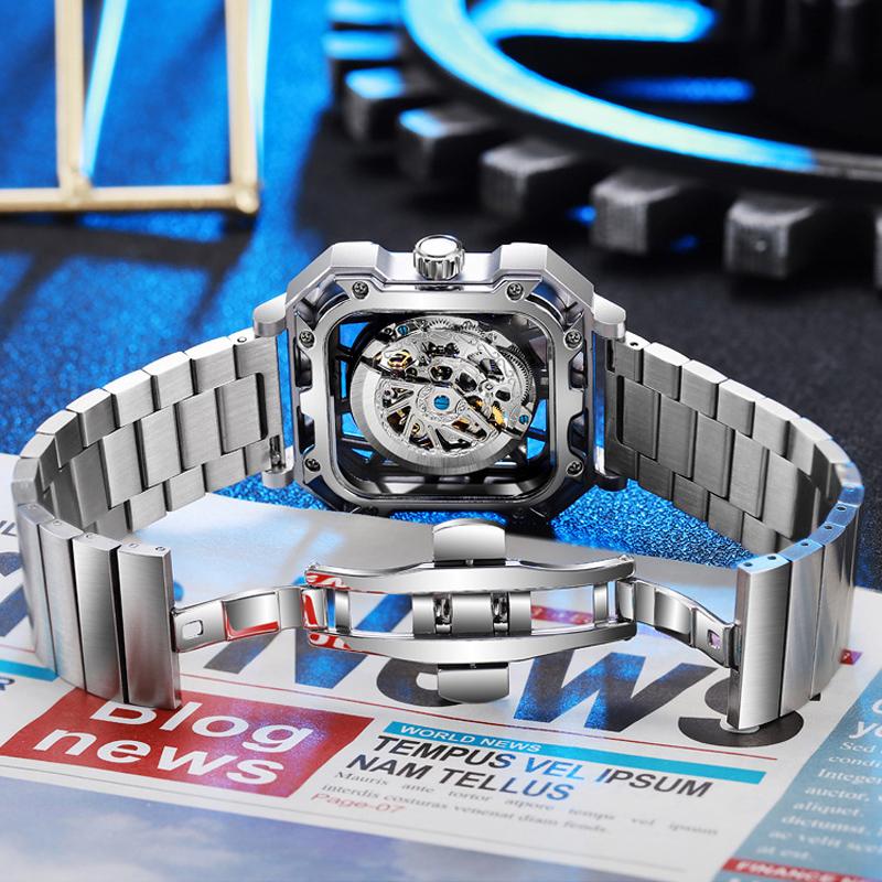 Square Skeleton Dial Automatic Watch Men Luxury Mechanical Men's Watches Luminous Waterproof Solid Steel Strap Relogio
