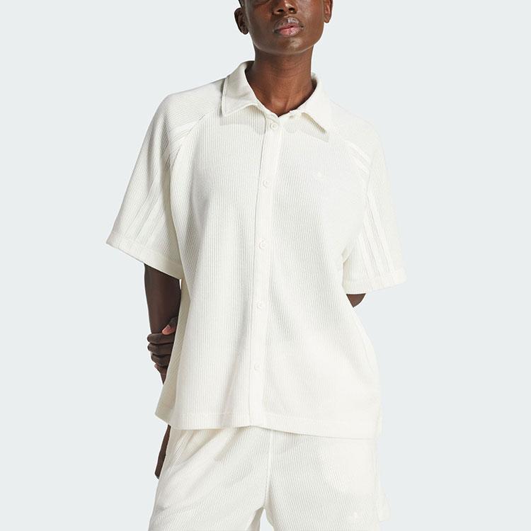 Adidas Originals Fashion Knitted Loose Shirt Simple Striped Straight Loose Classic Sports Short Sleeve Shirt Women Shirts White IS2329