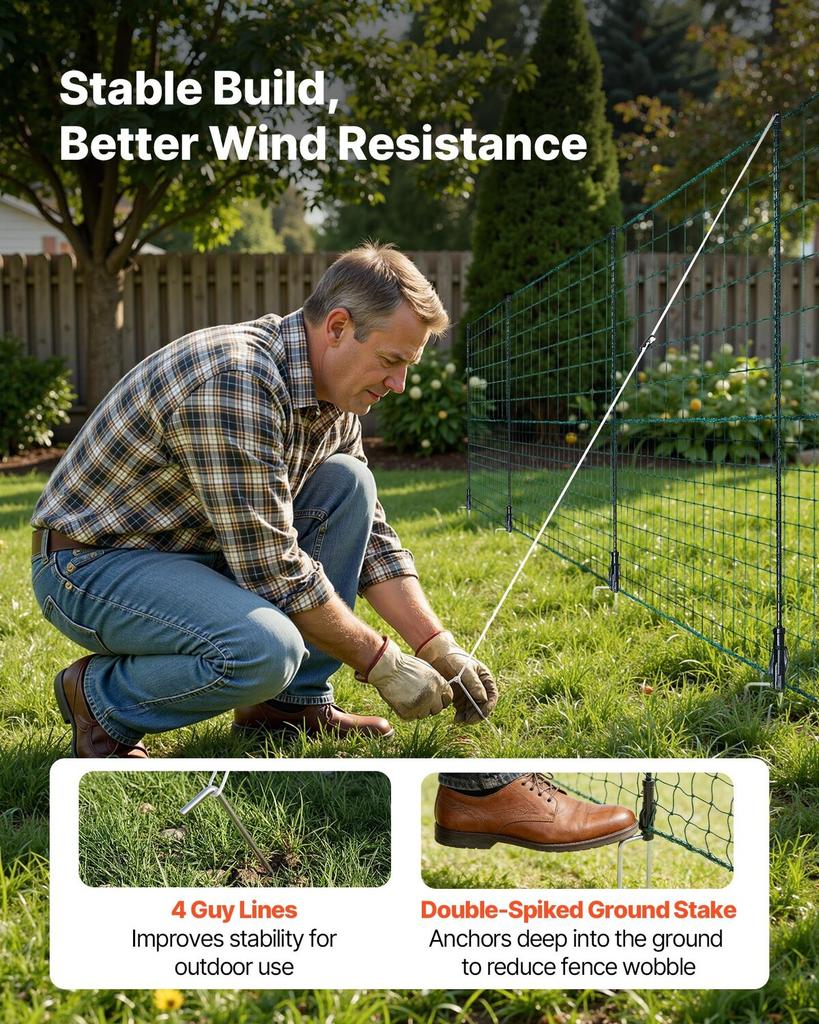 Temporary Fence with Posts, 1.25 x 25m Plastic Mesh Fencing, Garden Safety Fences Netting with Double-Spike Stakes & Guy Ropes, Temporary Fence for