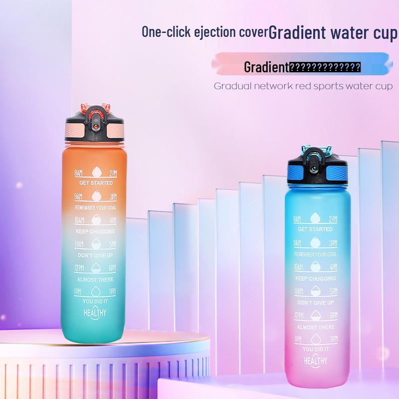 Gradient Color 1L Sports Water Bottle with Straw - Large Capacity Outdoor Plastic Space Cup