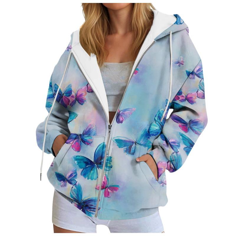 Damen Kapuzenpullover mit Schmetterlings-Grafik Herbst Reißverschluss Langarm Lockere Jacken Mäntel Streetwear Harajuku Lässige Kapuzenpullover