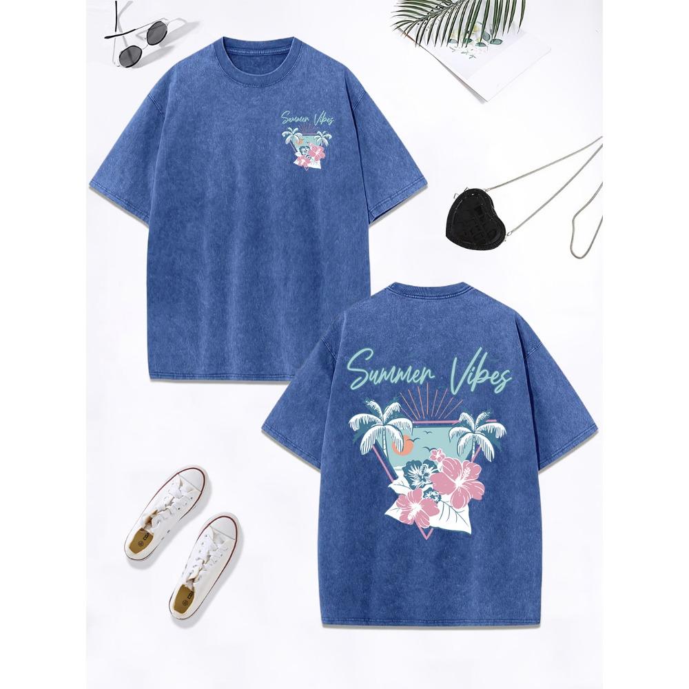 Summer Vibes Hawaii Beach Prints Washed T-Shirts Womens Cotton Oversized Tops Distressed T Shirts Street Womans Clothes