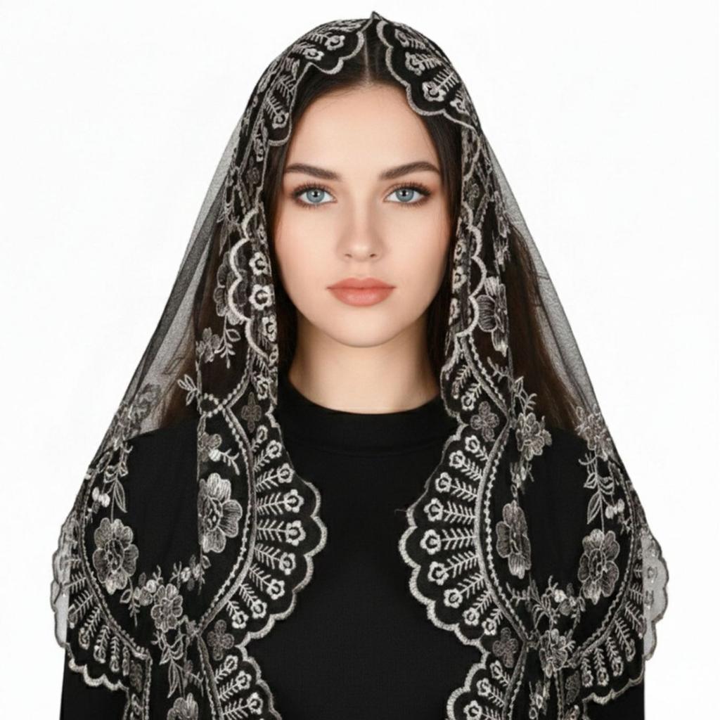 Catholic Church Lace Veil, Cross Lily Embroidered Mantilla Chapel Veil, 130×65cm Women Religious Head Covering Scarf