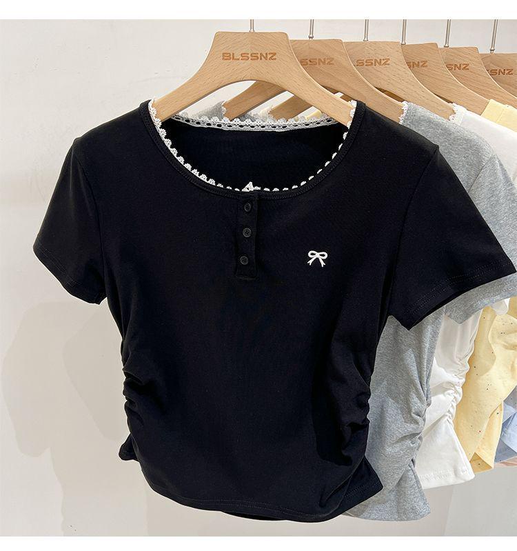 Women's Summer 2025 Pleated Lace Bow Short Sleeve T-Shirt