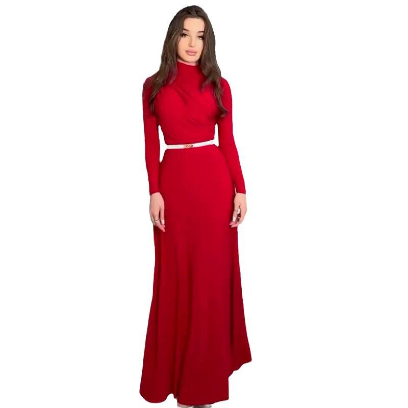 2024 Autumn Women's Solid Color Round Neck Pleated Waist-Hugging Long Dress