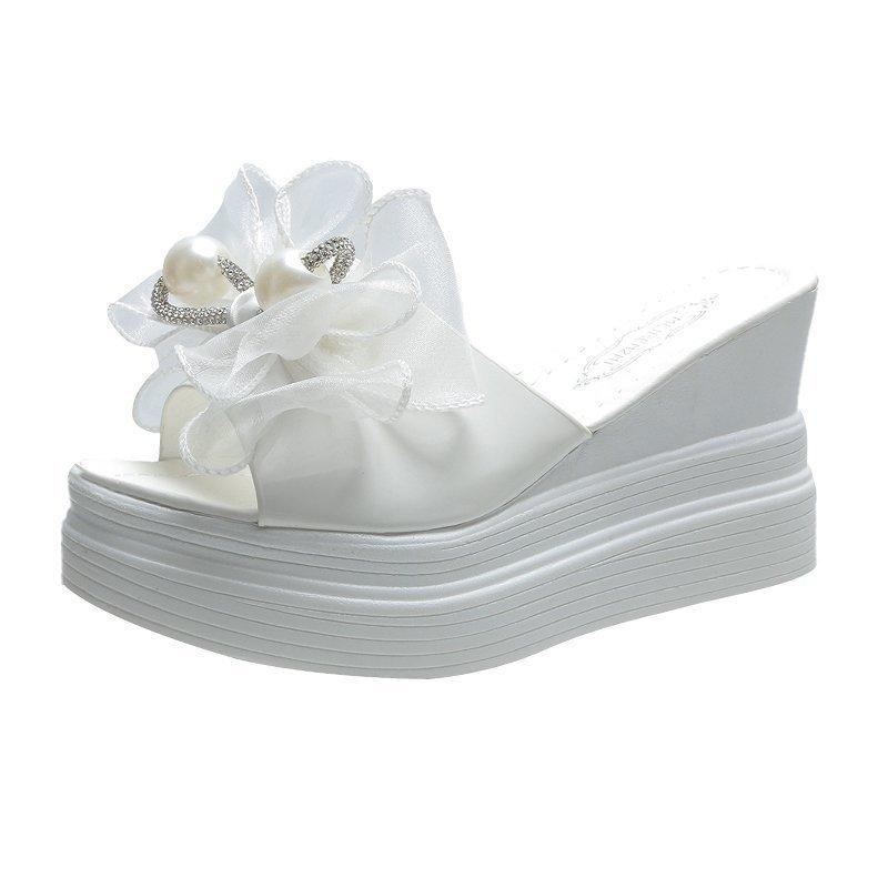 Pantoufles cool à talons compensés bouche de poisson pour femmes, mode printemps été, nœud perlé, mot muffin, pantoufles à semelles épaisses