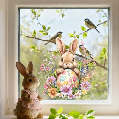 Yousheng Osterfensteraufkleber Niedliche Häschen Eier Fenstersticker für Glasfenster Doppelseitige Wiederverwendbare PVC-Aufkleber für Frühlingsparty Zuhause Klassenzimmer