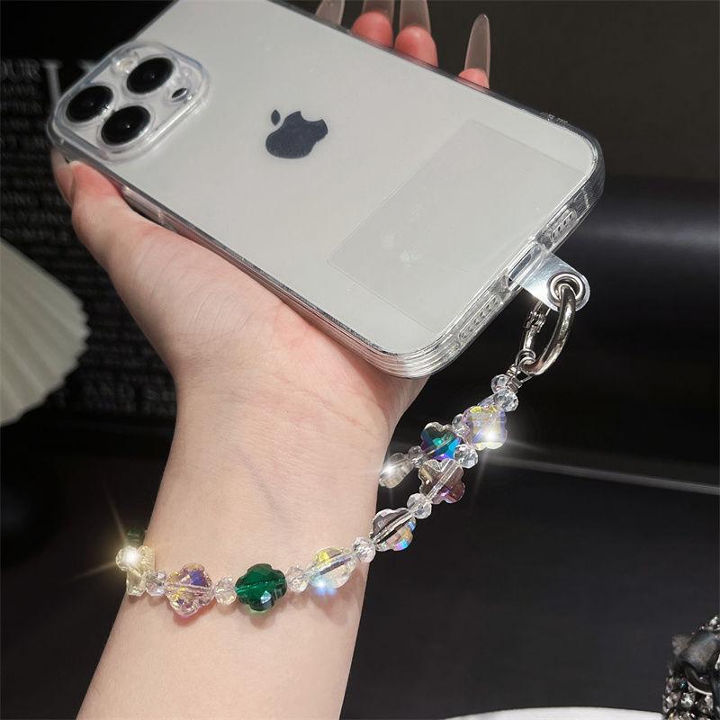 New Small Crystal Clover Bead Phone Chain On The Phone Short Wrist Rope Clip Outdoor Loss Prevention Pendant for All Phone Cases