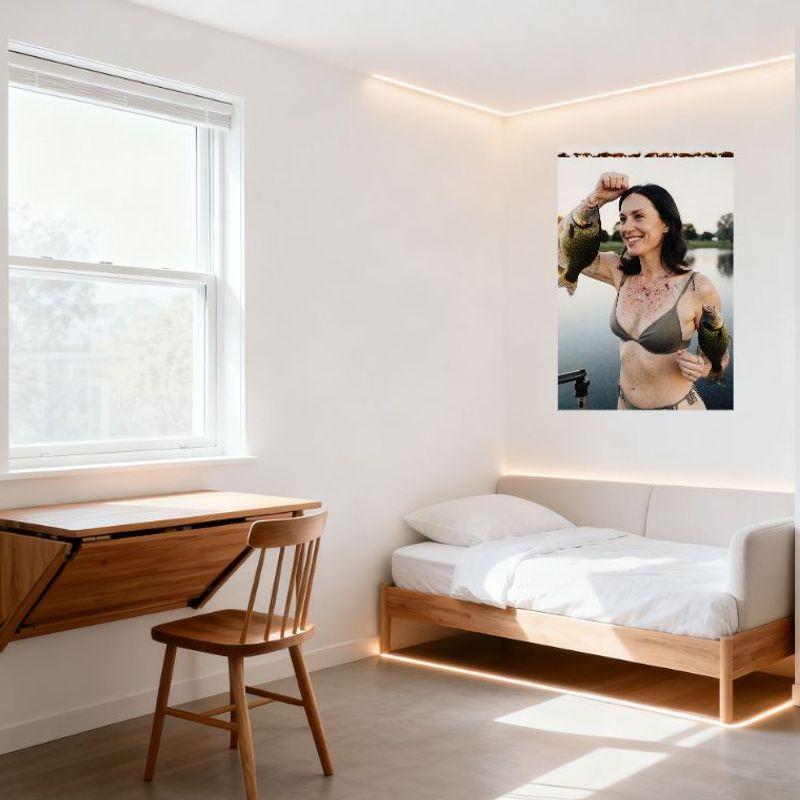 Sexy Bikini Woman with Freshly Caught Fish Lake Scene Tin Sign Vintage Metal Poster for Bar Pub Home Wall Decor 8x12 Inch