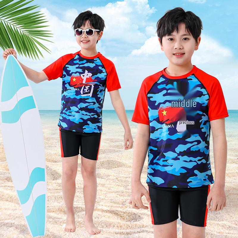 

Boys Two-Piece Swimsuit Set - Short Sleeve & Swim Trunks for Kids M for 20~25 kg