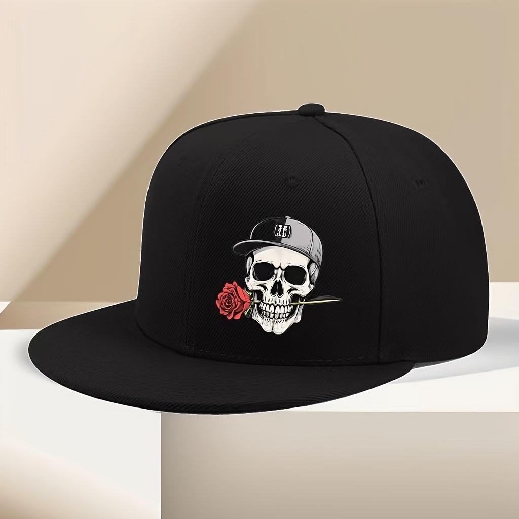 Cappellino da baseball hip hop unisex con stampa teschio e rosa per uomo e donna street con visiera piatta regolabile cappello da ballo vintage