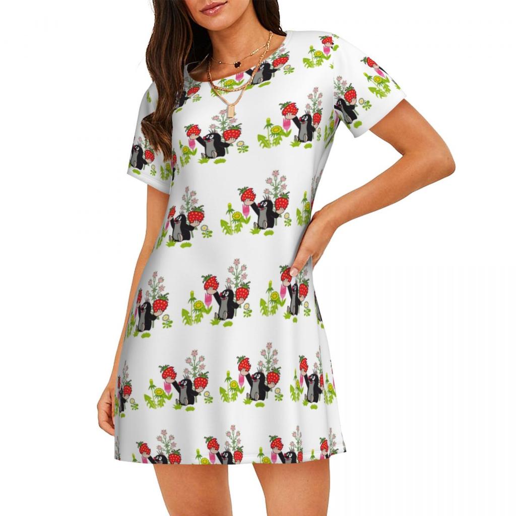 Cartoon Comic Damen Oversized Rundhals Modisches Lockeres Lässiges Sommerkleid mit Kurzen Ärmeln