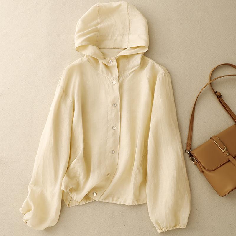 

2026 Summer Cotton Linen Hooded Jacket: Loose, Plus Size, Long Sleeve Sun Protection Shirt XL абрикосовый