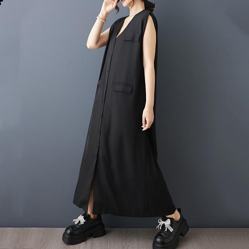 Ärmelloses Übergröße schwarzes Vintage Neu in Kleider für Frauen lässiges lockeres langes Sommerkleid