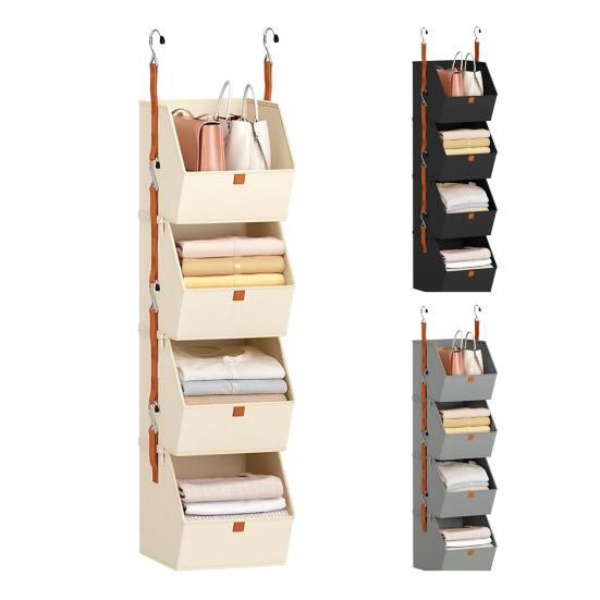 1 Set Collapsible Hanging Closet Organizer Adjustable Wardrobe Storage System with Hooks 4 Tier Closet Shelves Foldable Fabric Storage Bins