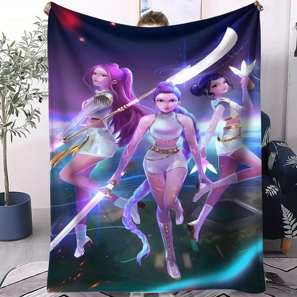 K-Pop Demon Hunters Huntrix Flannel Blanket Neon Warrior Girl Group Design Soft Throw for Bedroom Sofa Concert Fans Gift Teens