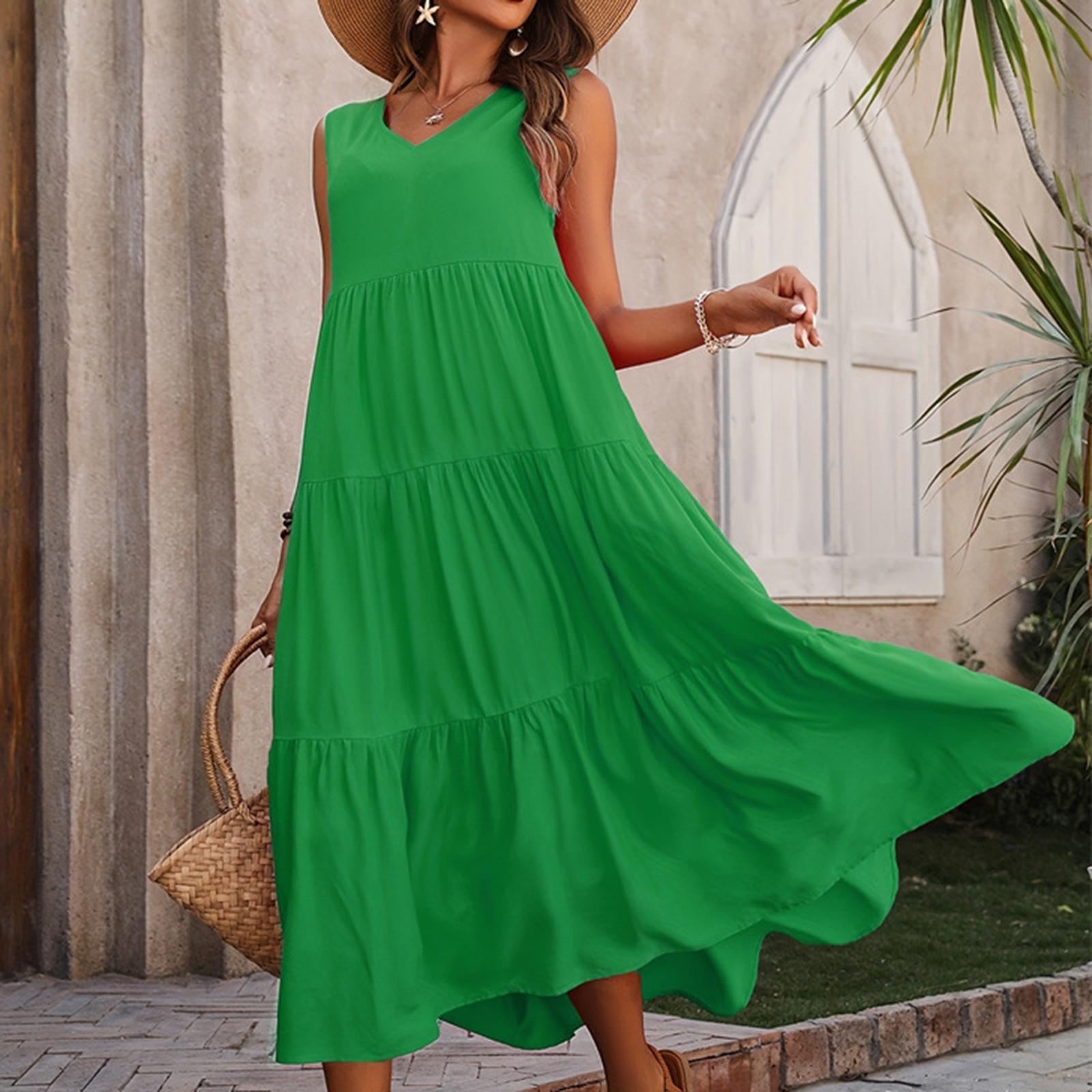 

Женское летнее повседневное свободное платье-сарафан без рукавов в стиле бохо с струящейся оборкой и многоярусным макси-платьем XXL зелёный