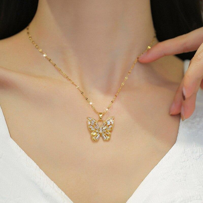 Fantastic Crystal Gold-Color Butterfly Necklace For Women Rhinestone Symmetrical Pendant Accessories Party Zircon Gifts