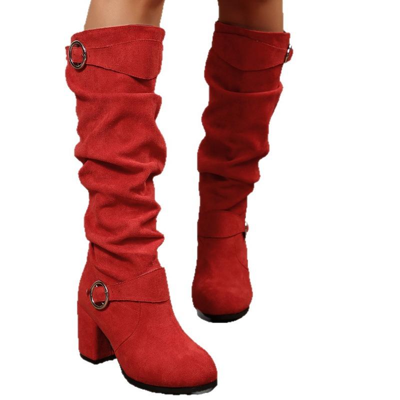 Double Buckle High-heeled Fashion Boots 2025 Winter New Suede Plus Size Thick Heel Round Toe Boots for Women