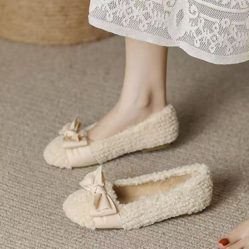 Mao Mao Shoes Flat Bottom Winter New Wear Velvet Cotton Shoes Bow Doudou Shoes Comfortable Shallow Mouth Single Shoes Women