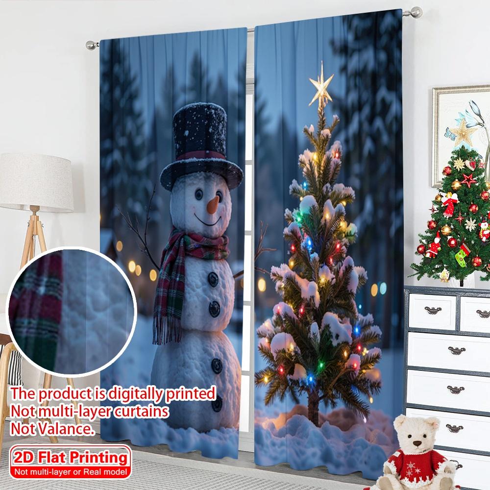 2pcs 2D Flat Printing Merry Christmas Party Curtains Winter Snowman Christmas Tree 100% Polyester Without Electricity Festive
