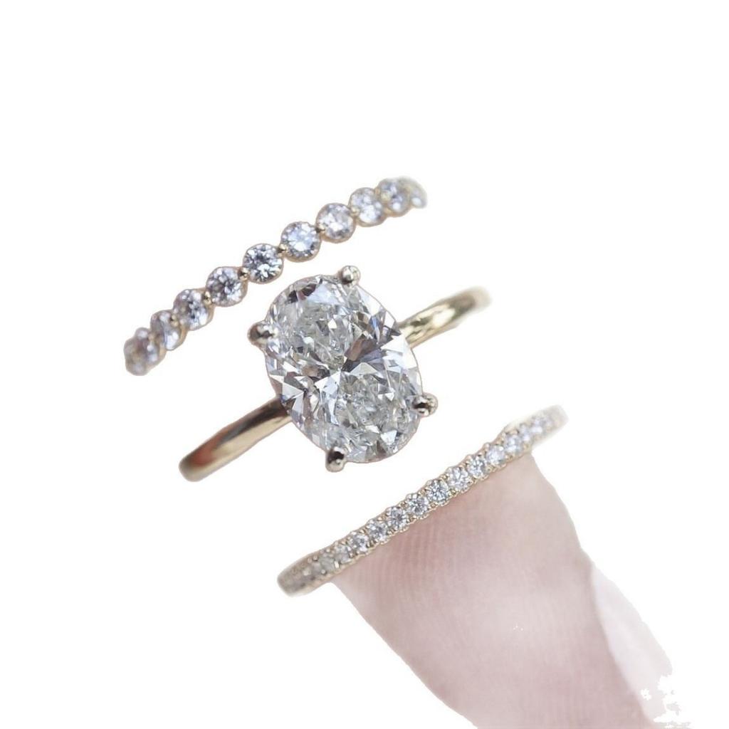 Luxury Light Luxury Fashion Versatile Zircon Ring Women's Super Flash Diamond Exquisite Three-piece Ring