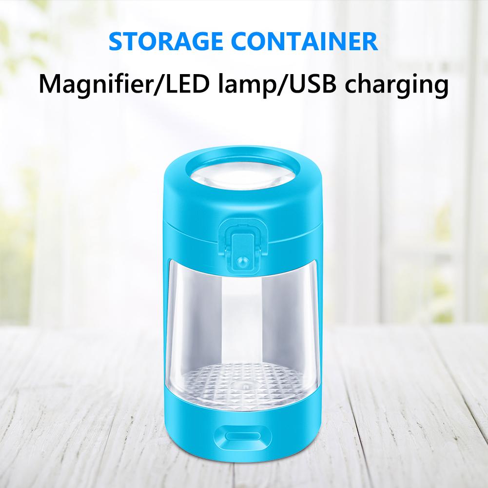 USB Rechargeable LED Lights Herb Container 50ml Moisture Proof Stash Jar with Magnifying Lid for Spices and Herbs