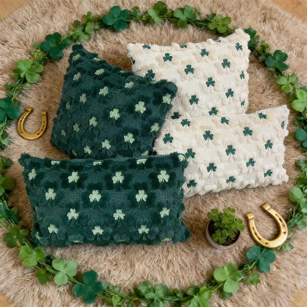 Practical Tufted St. Patrick'S Day Cushion Cover Zipped Embroidery Lucky Clover Pillowcase Square Throw Pillow Cover Living Room