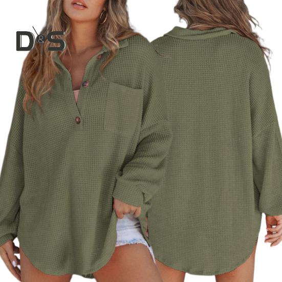 Women Tops Lapel Buttons Half Placket Long Sleeve Pullover Tops Solid Color Waffle Texture Stretchy Blouse Daily Wear