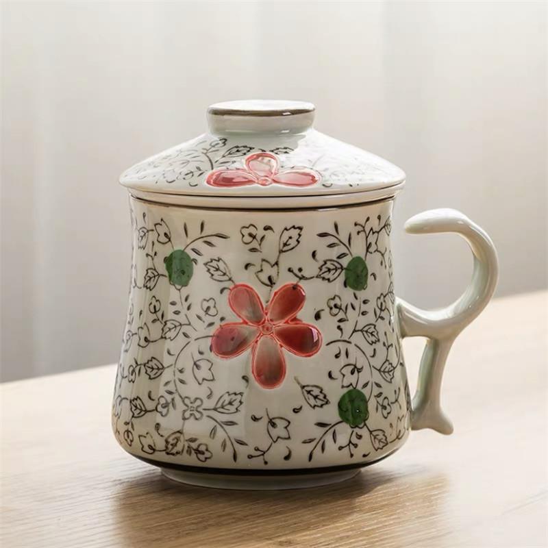 Modrobílý porcelánový šálek na čaj Keramický ručně malovaný Retro hrnek s oddělovačem na vodu a víčkem s filtrem Kancelářské šálky na čaj Nápojové nádobí