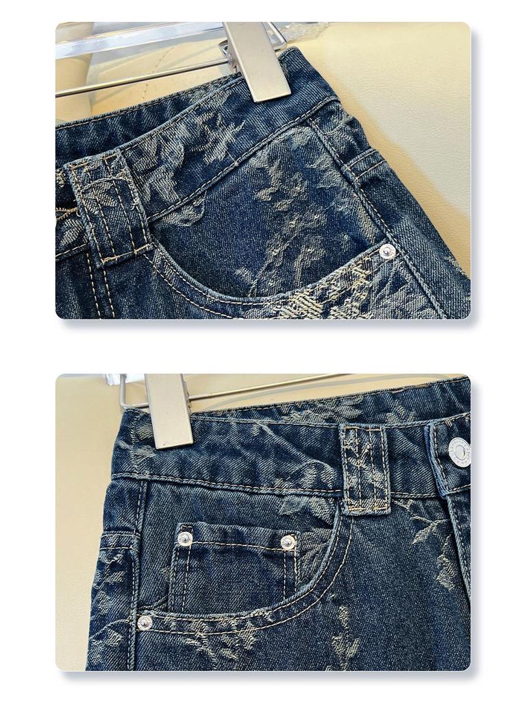 Women's High Waist Retro Blue Jacquard Straight Leg Jeans - 2025 Autumn Collection