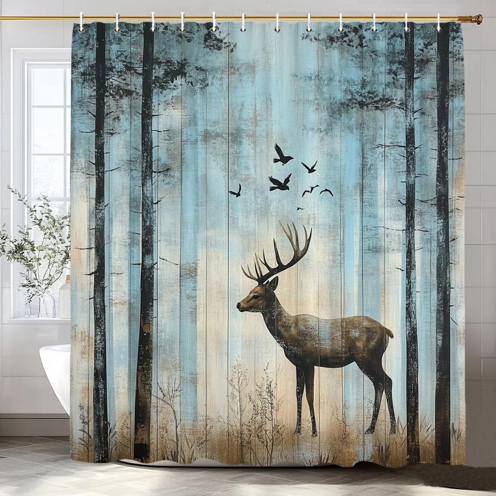1Pc Forest Animal Deer Shower Curtain, Bathroom Decorative Shower Curtain, Printed Polyester Fabric Shower Curtain With Hooks