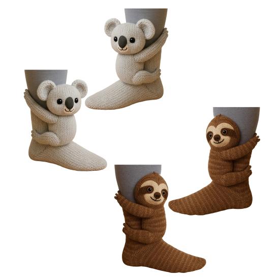 2 Pairs 3D Knit Animal Socks Hand Crocheted Animal Doll Socks Sloth Cute Warm Winter Socks for Men Women Animal Lovers Gifts