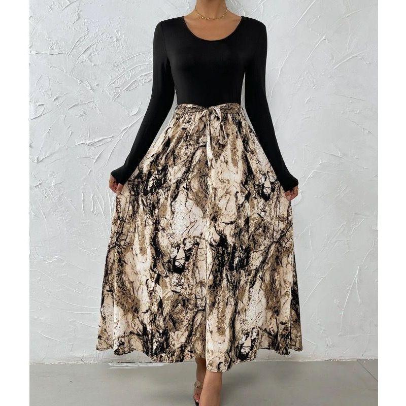 

Autumn Crew Neck Black Panel Printed Slim-Fit Dress Flower color XL