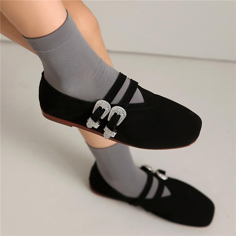 FOREADA Women Mary Janes Square Toe Flats Buckle Concise Glove Shoes Ladies Fashion Casual Shoes Spring Autumn Black Brown 46