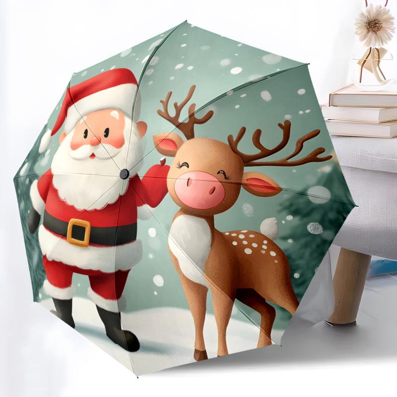 1pc Sturdy 8-Bone Auto Umbrella, Santa Claus and Reindeer Umbrella, Digital Printed, Foldable Umbrella for On-the-Go Outdoor Use