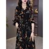 Women's Floral Chiffon Dress V-Neck Loog Sleeve Waist Tie Retro Elegant Midi Dress