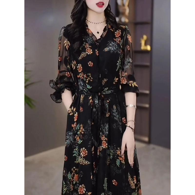 Women's Floral Chiffon Dress V-Neck Loog Sleeve Waist Tie Retro Elegant Midi Dress