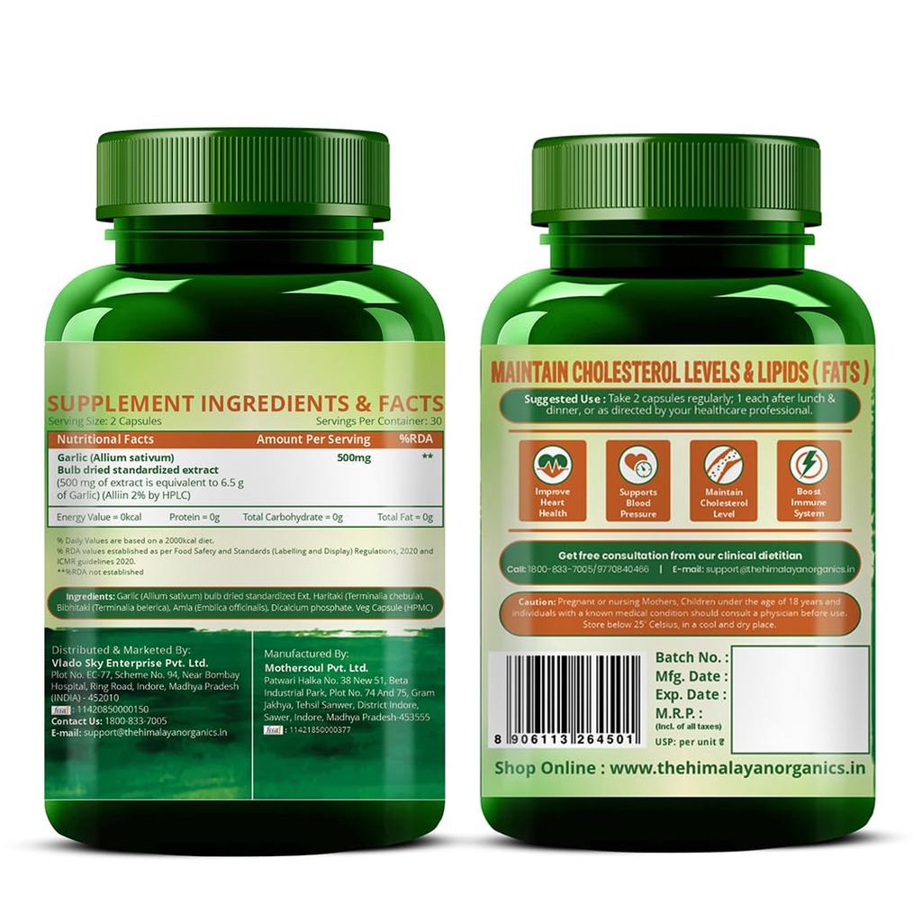 Vlado's Himalayan Organics Česnek 500 mg Doplněk 60 rostlinných kapslí Zdraví srdce Podpora imunity