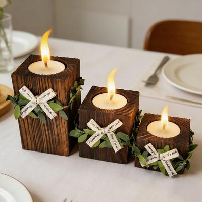 Wooden Tealight Candle Holder Rustic Wood Pillar Candle Stand with Bow Vintage Table Centerpiece for Fireplace Living Dining Room Decor