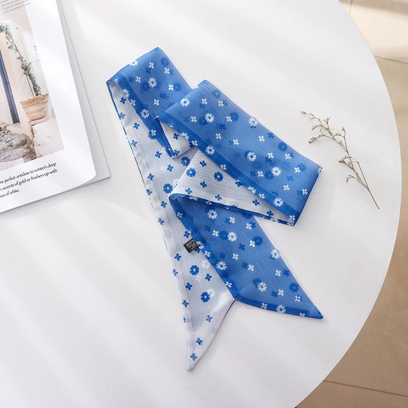 Summer French Retro Blue Tied Hair Small Floral Long Silk Scarf Headband Braided Hair Chiffon Thin Ribbon Scarf
